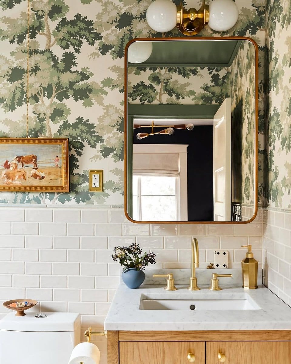 bathroom shelf with brass planter