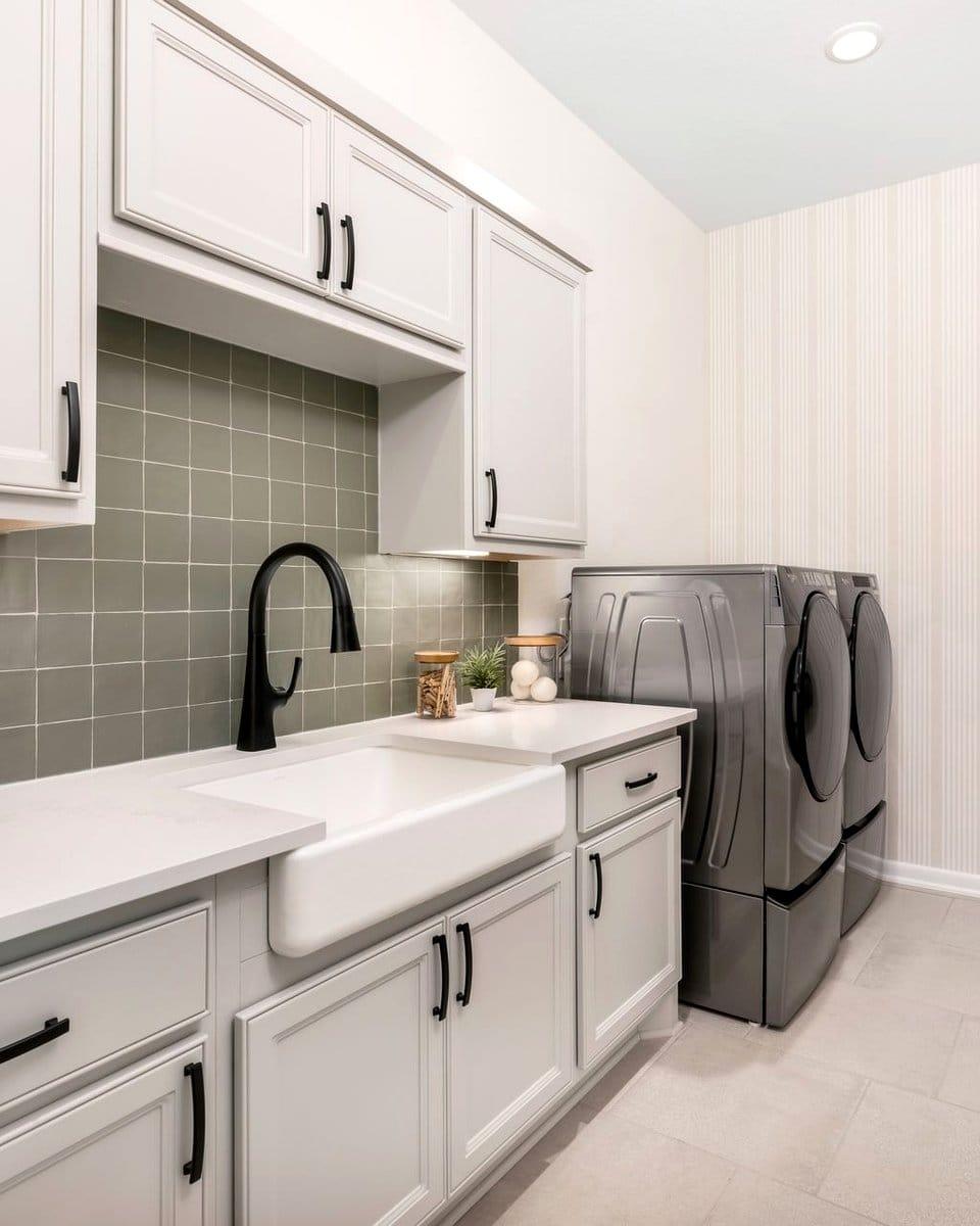 Rustic laundry room with wooden cabinets