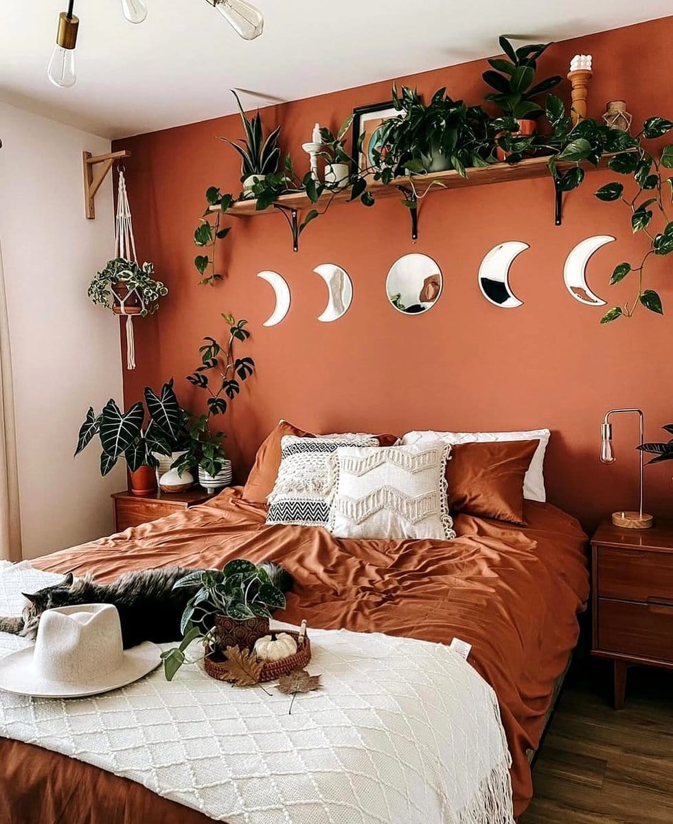 bedroom nightstand with woodblock plant