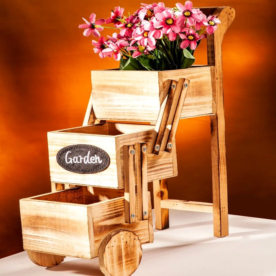 Modern wooden ladder with tiered plant pots