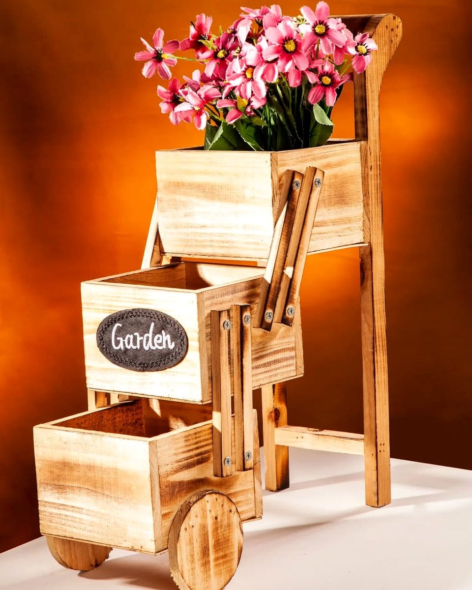 Rustic garden decor with wooden wheelbarrow