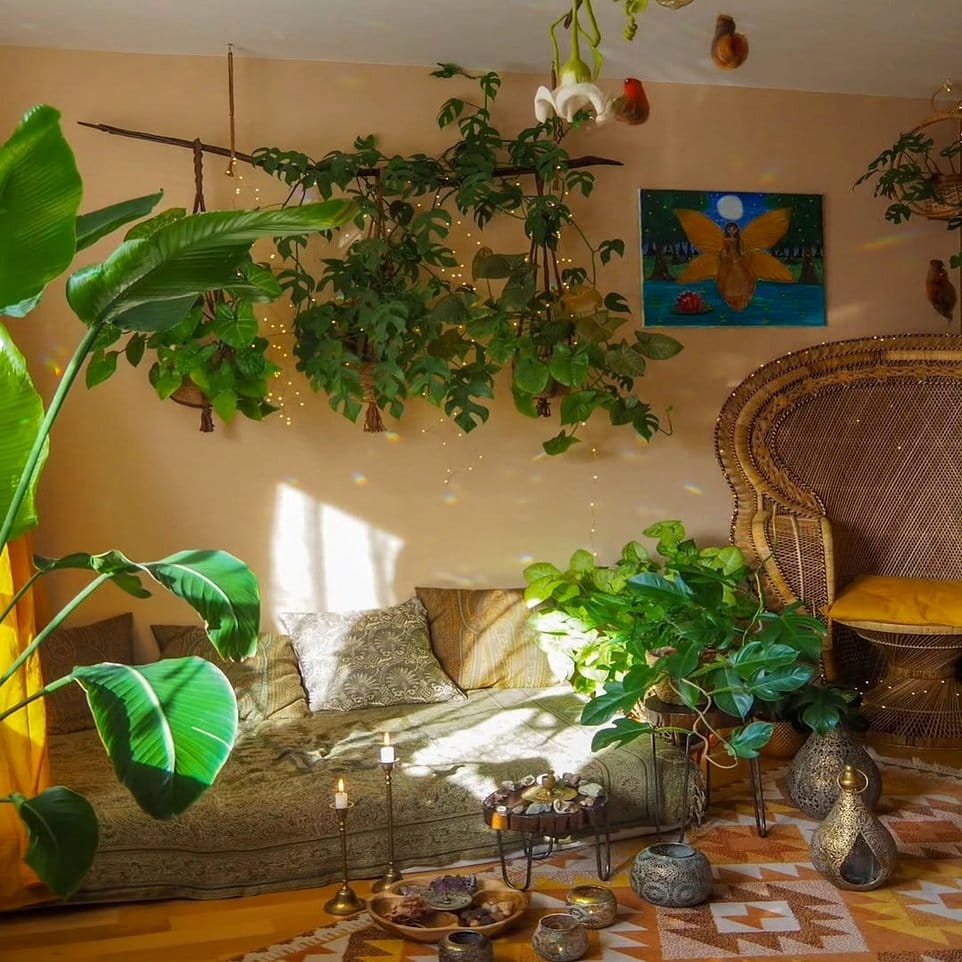Lush vertical plant wall with colorful pots