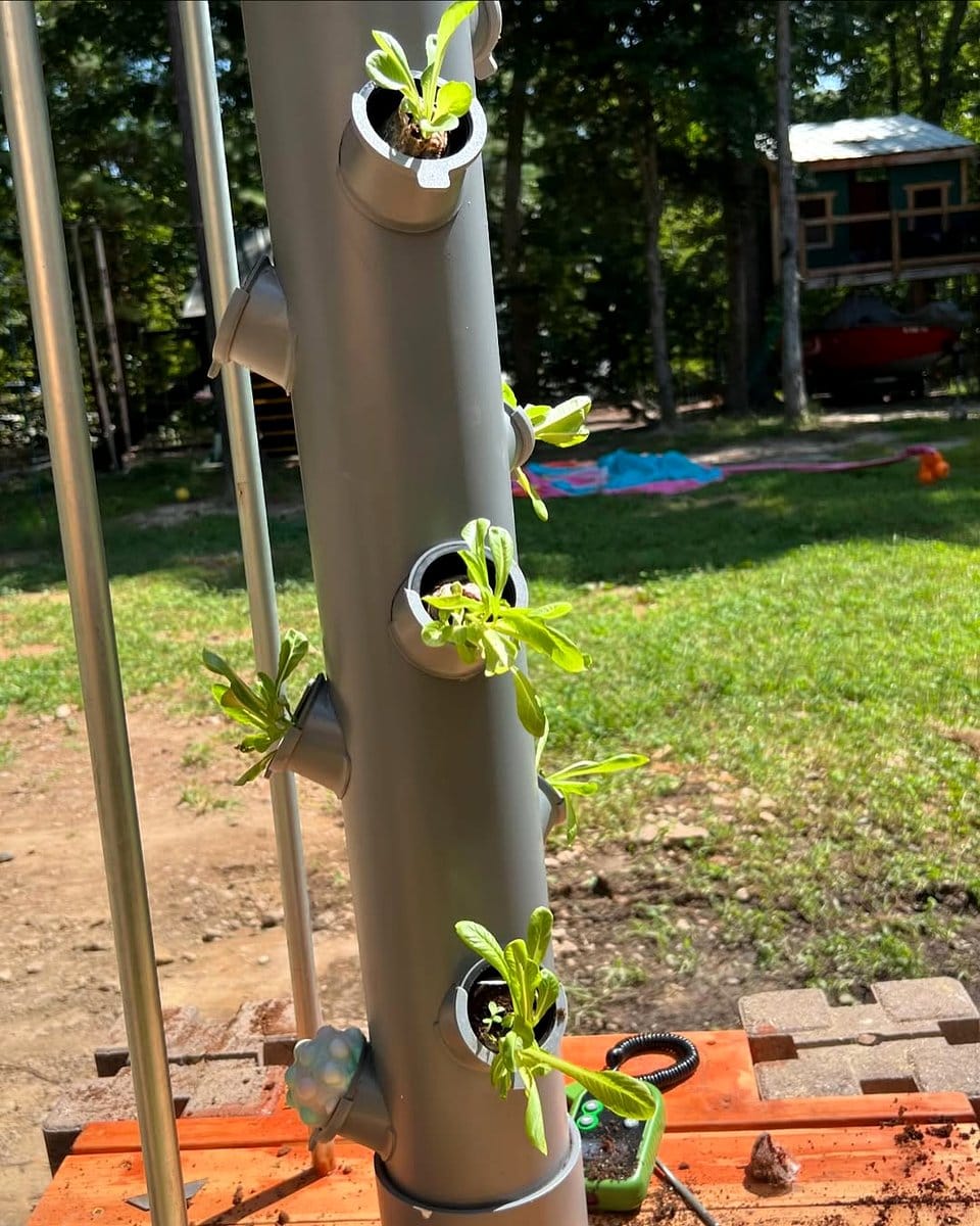 tower made of PVC pipes with plants