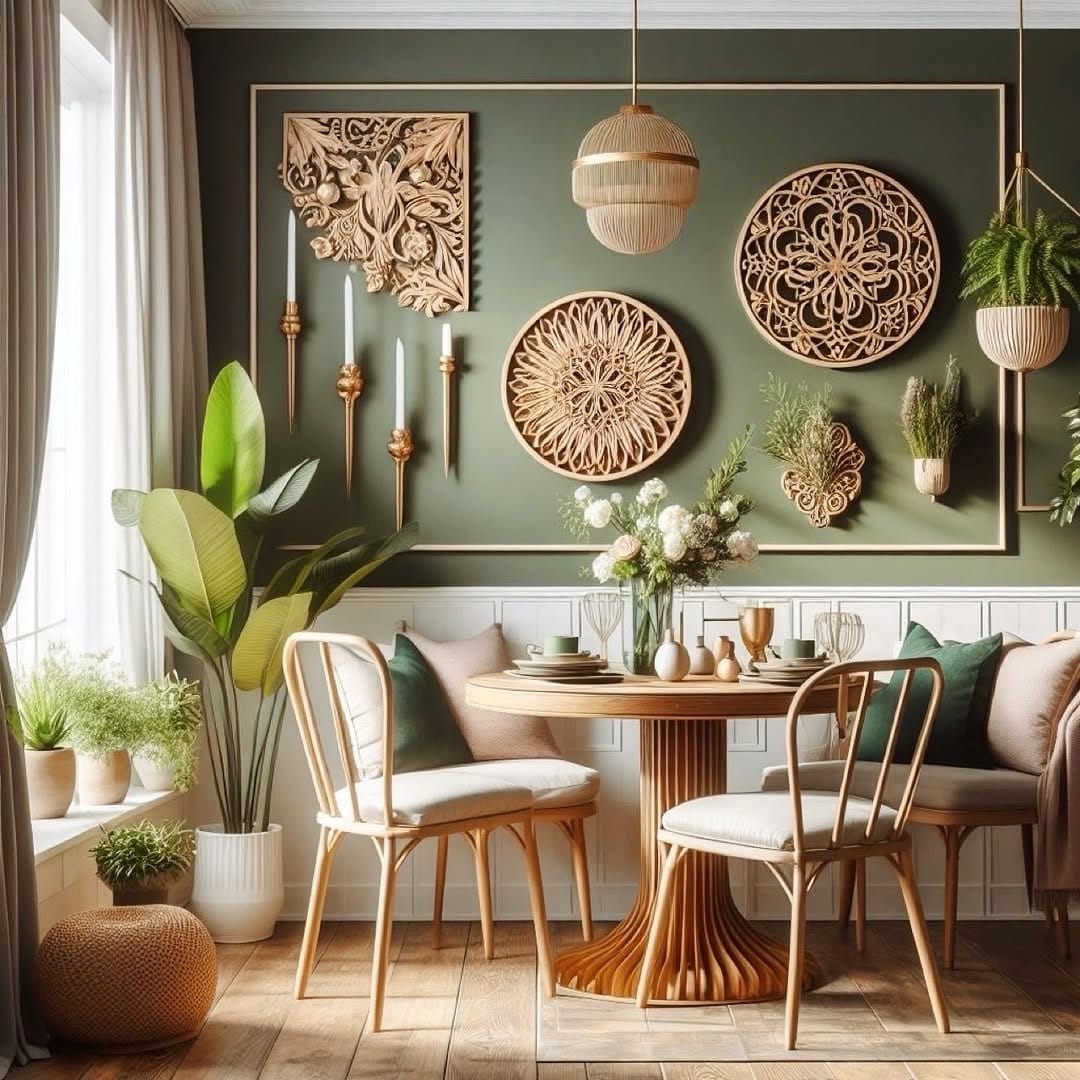 lush plant chandelier in dining room