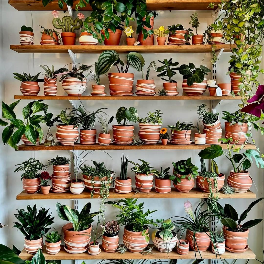 Creative shelving with clay pots and knick-knacks