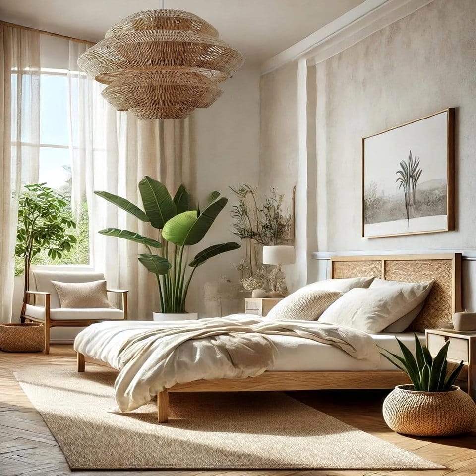 White and wood pendant lights over plants