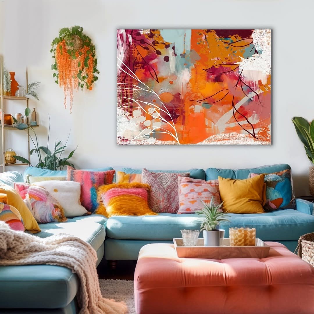 large wall art piece with colorful leaves