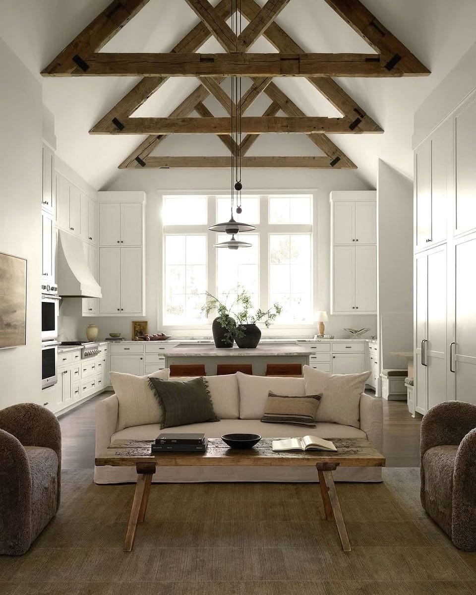 Exposed wooden ceiling beams in living room