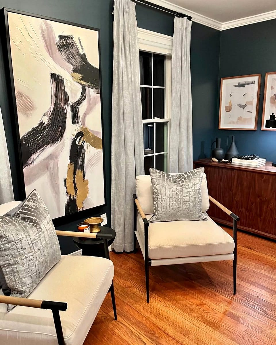 Rustic home office with wooden desk and shelves