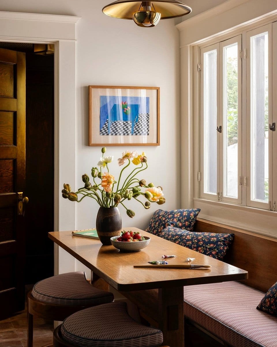 sunlit breakfast nook with herbs
