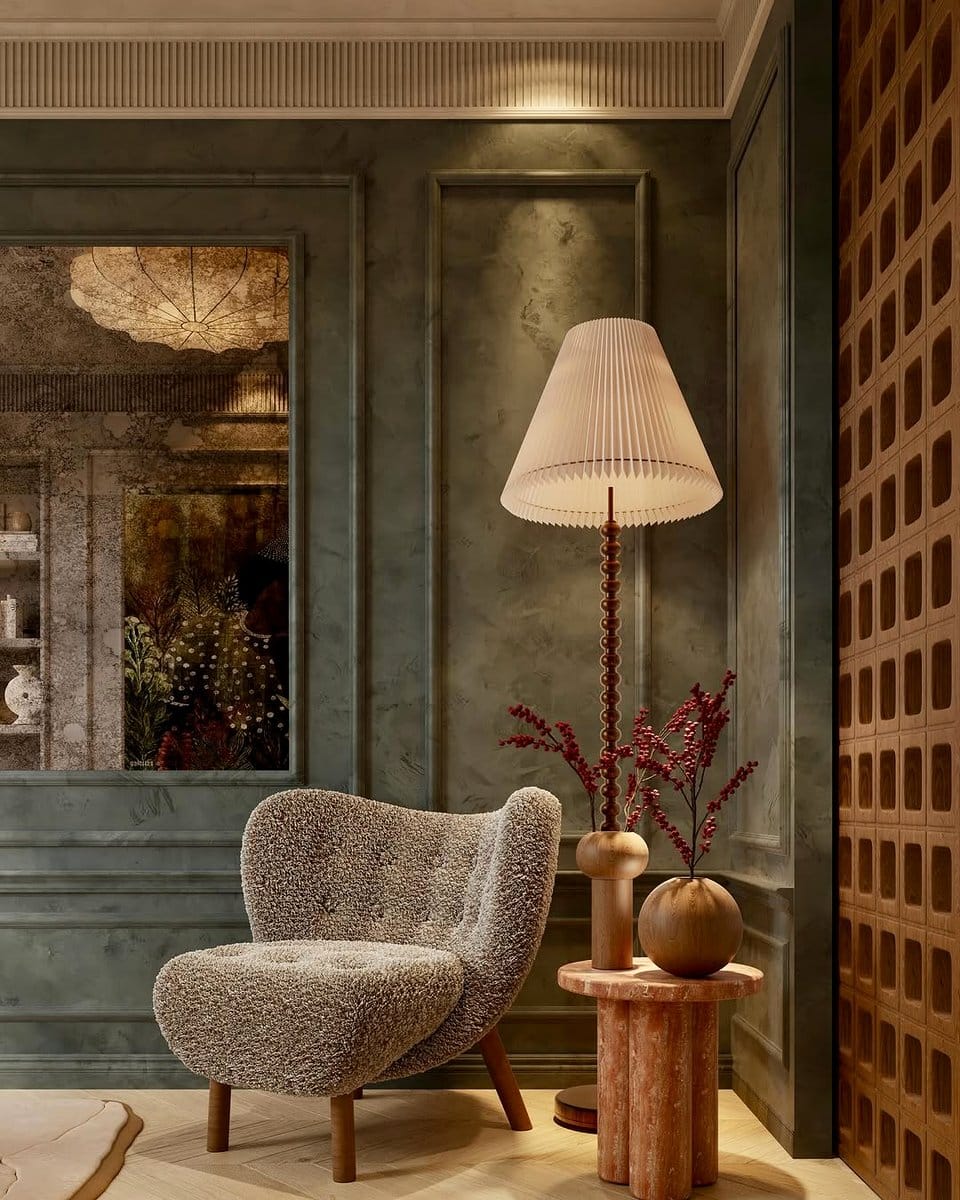 Rustic reading nook with wooden shelves and plush chair
