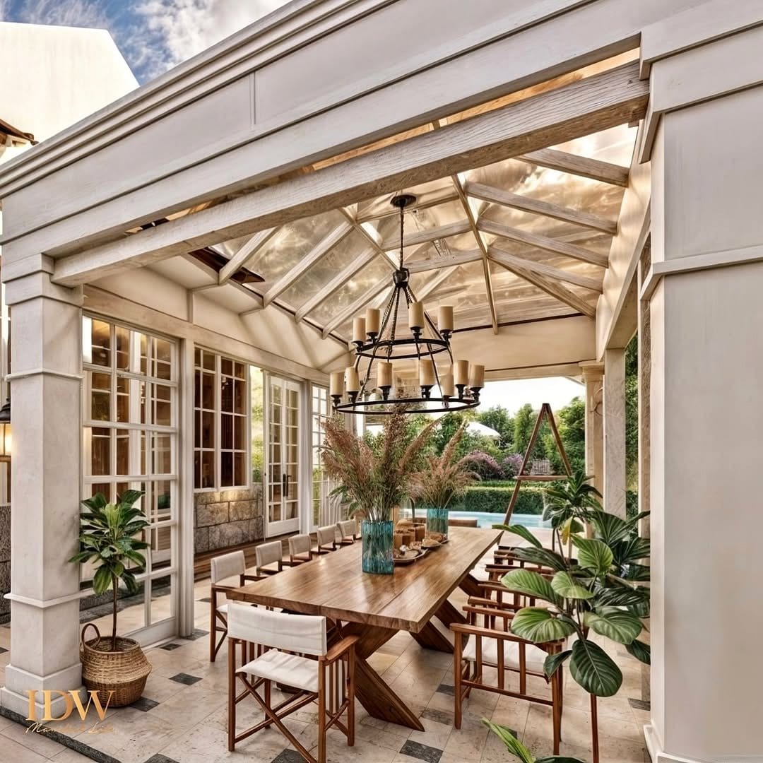 Minimalist outdoor dining area with a wooden table
