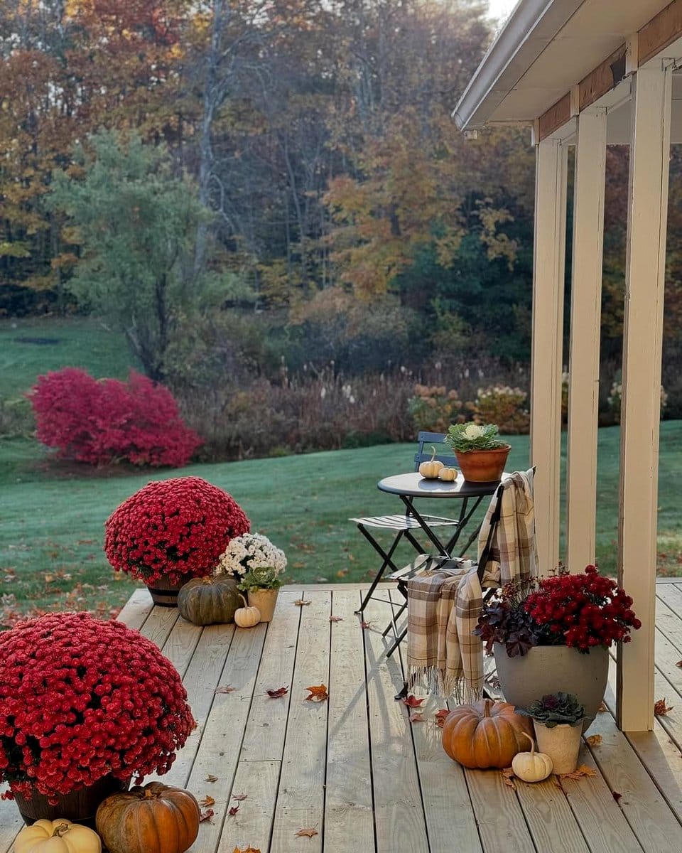 patio with colorful leaf decor