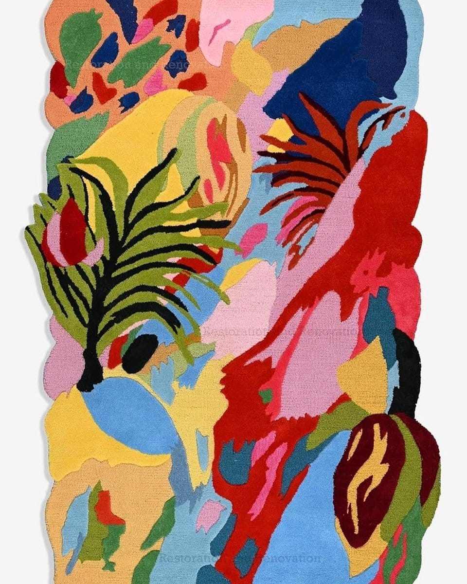 colorful leaf-patterned rug in living room