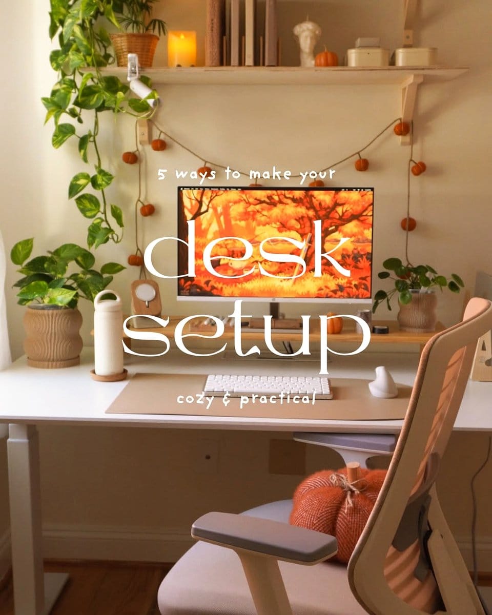 desk with leafy stationery