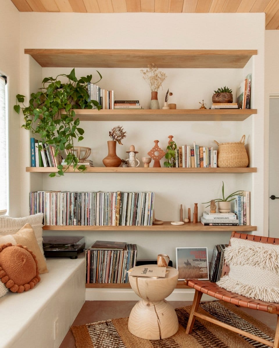 books and plants on bookshelves