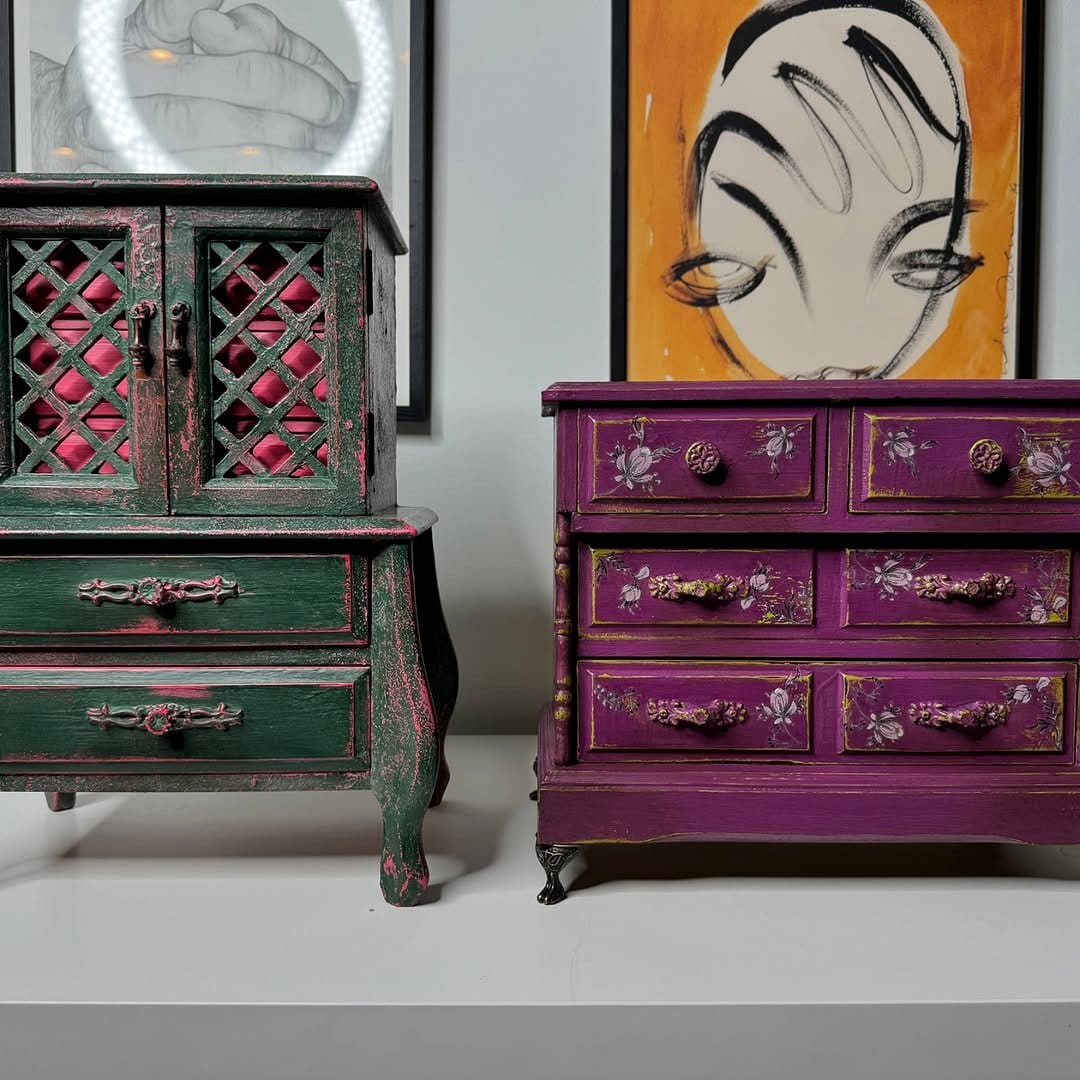 purple jewelry boxes on dresser