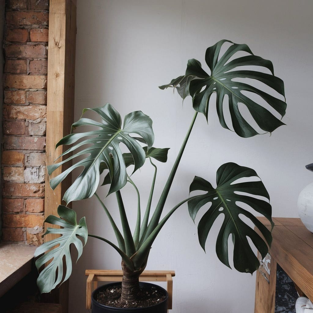 Open wooden shelf with mixed plants and decor