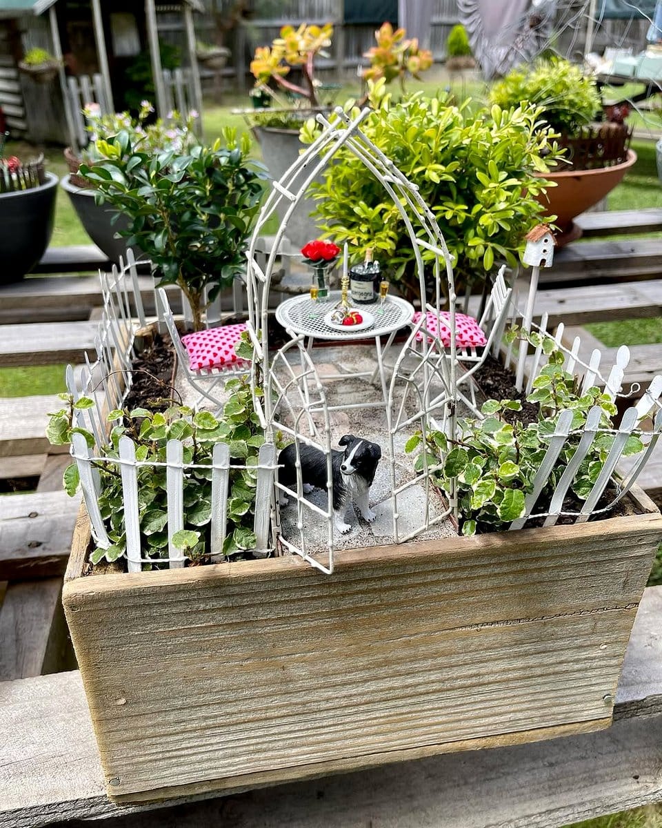 miniature fairy garden in crate