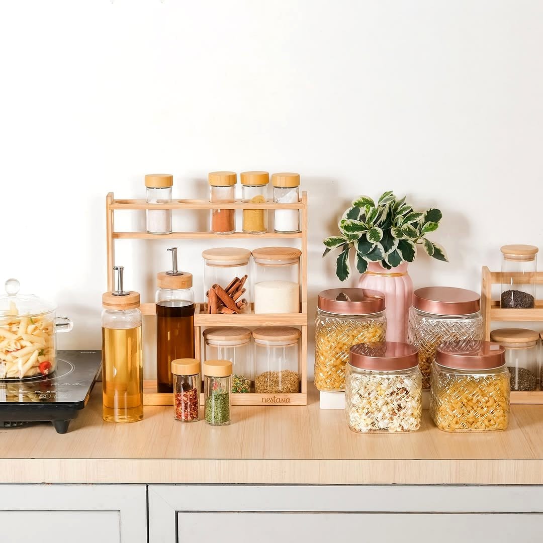 wooden spice rack with jars