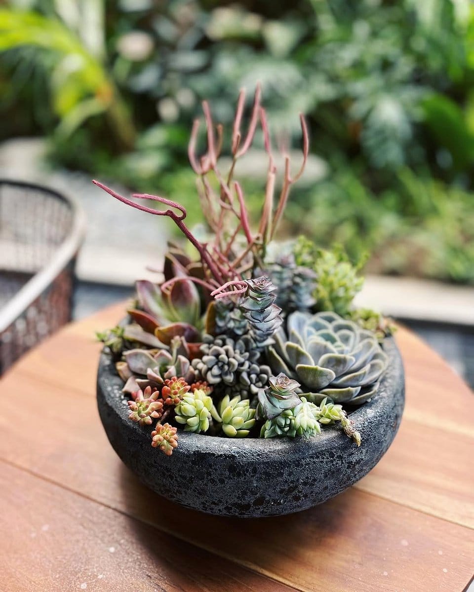 black planters with succulents