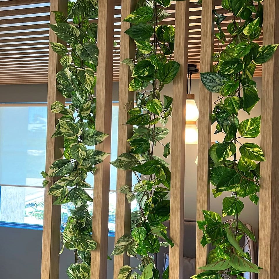 Green vertical plant wall with hanging planters