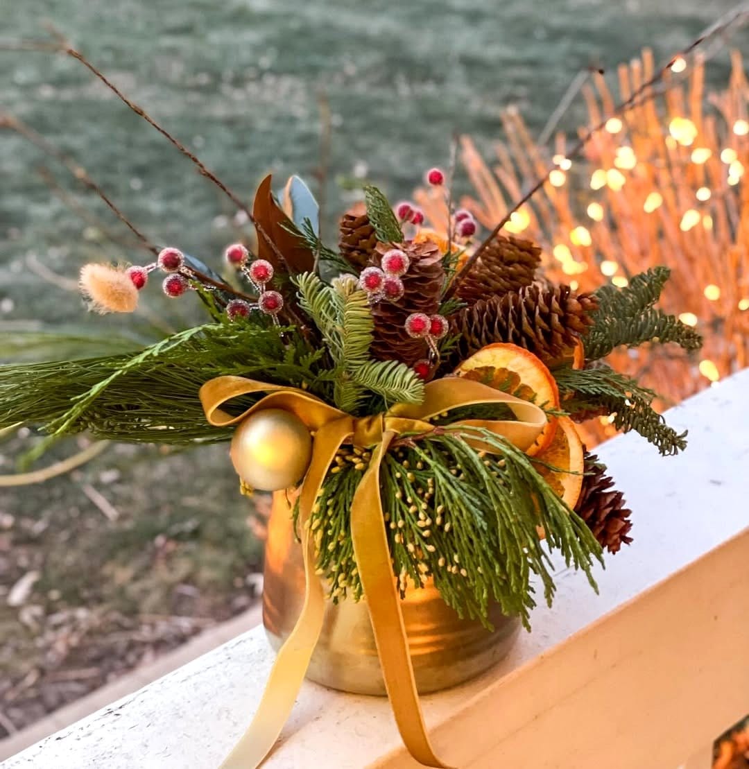 potted pine and rosemary with festive decorations