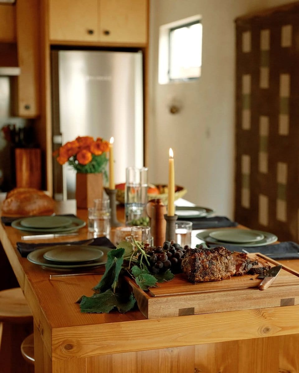 hollowed log candle holder on dining table