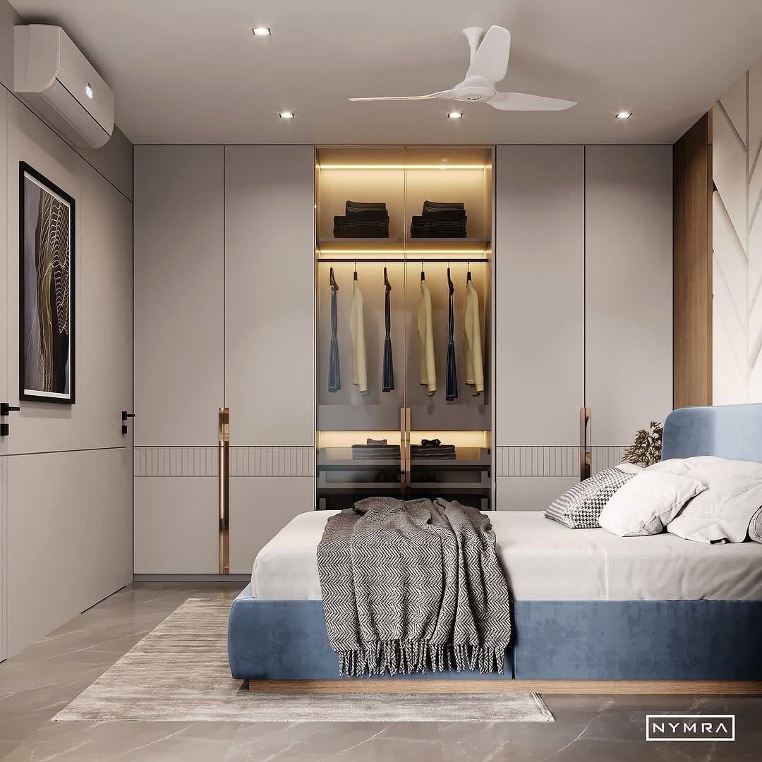 Elegant minimalist bedroom with wall sconces