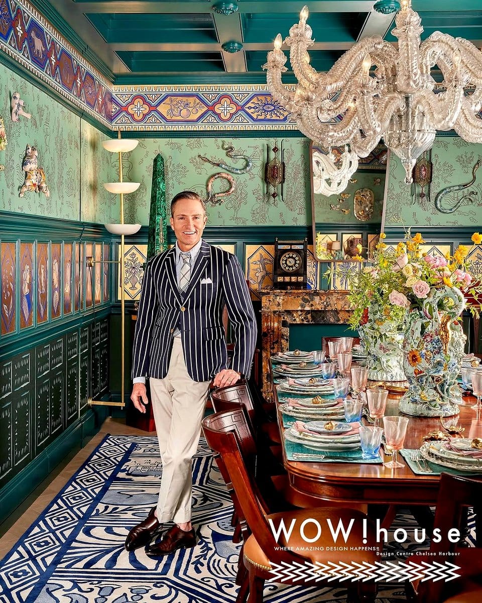 large patterned area rug in open-plan space