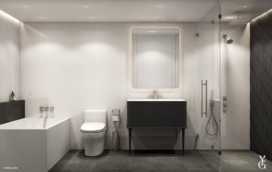 Sleek minimalist bathroom vanity with storage