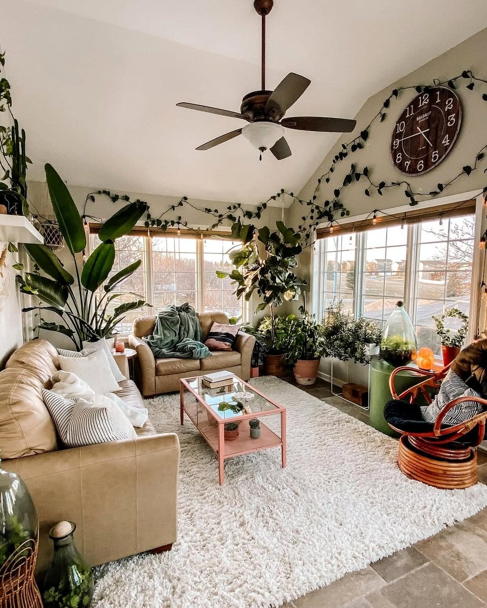 sunroom reading nook with pothos