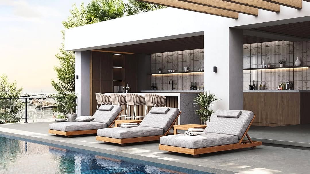Chic minimalist outdoor lounge with simple furniture