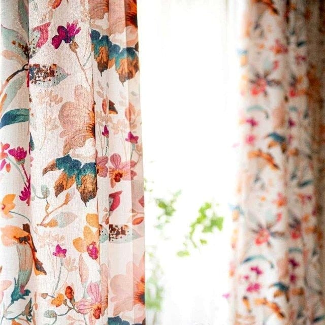 watercolor floral curtains in living room