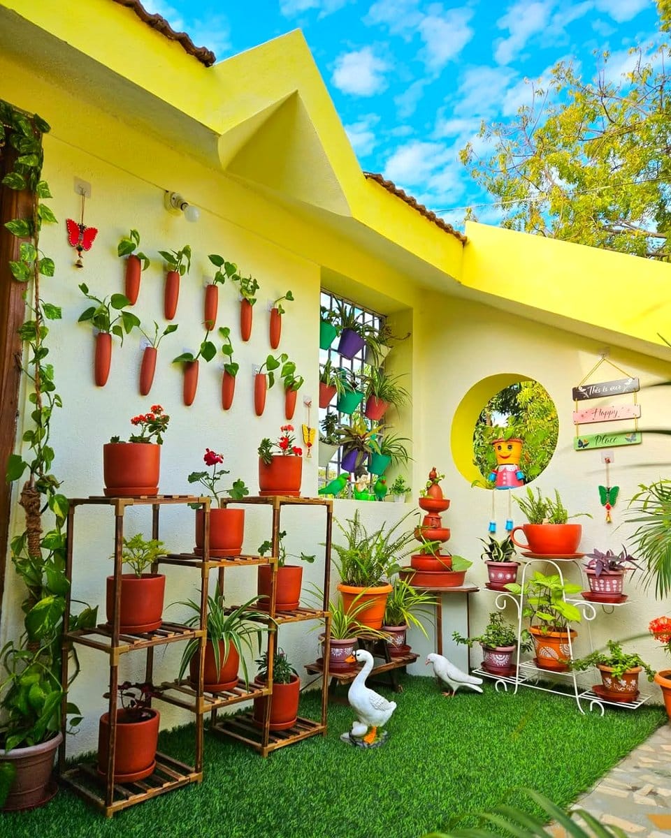 succulent wall art hanging on balcony wall