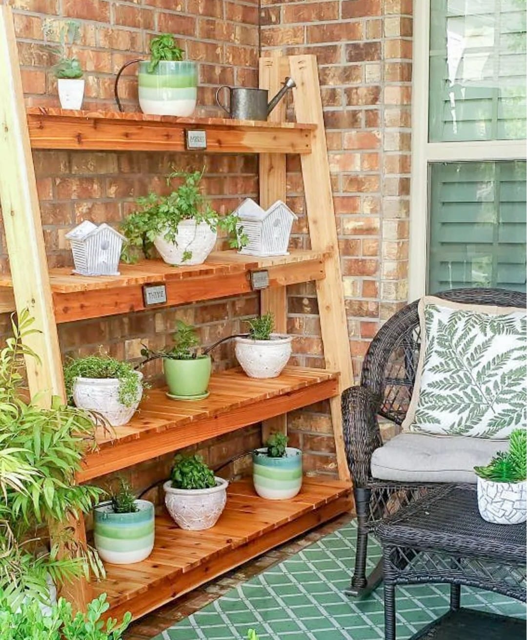 Rustic wooden ladder plant shelf with hanging pots