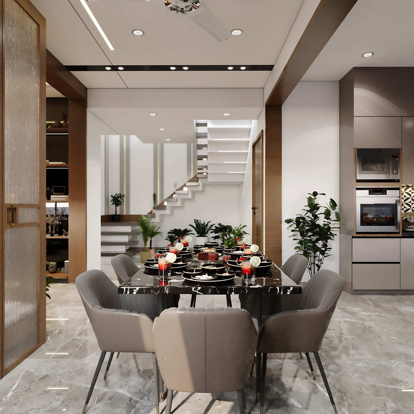 cluster of marble-look planters with various plants