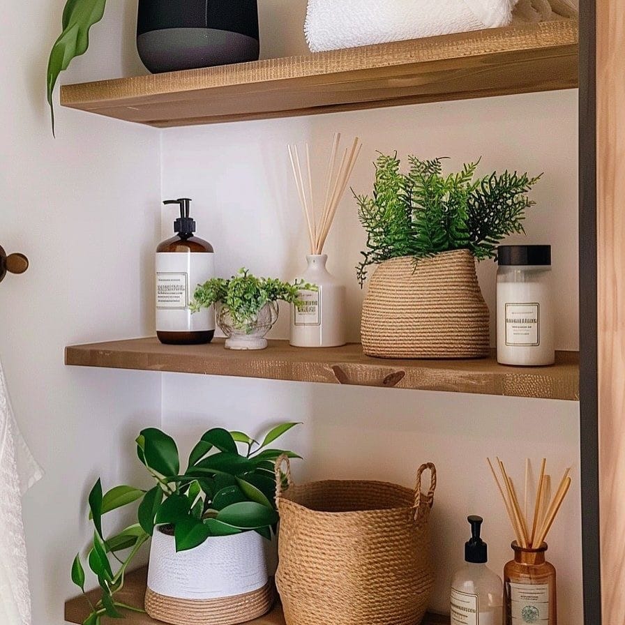 Sleek floating shelves with assorted succulents