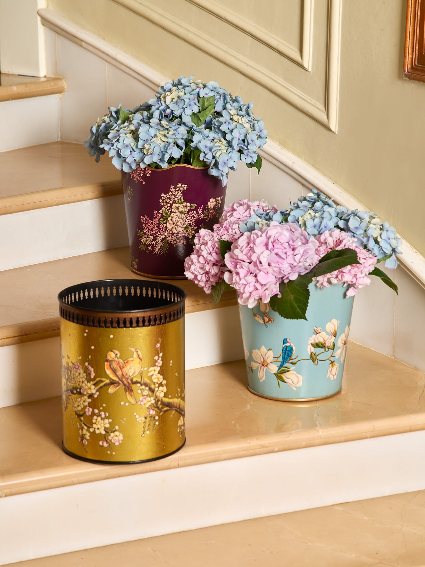 decorative metal bucket with sunflowers