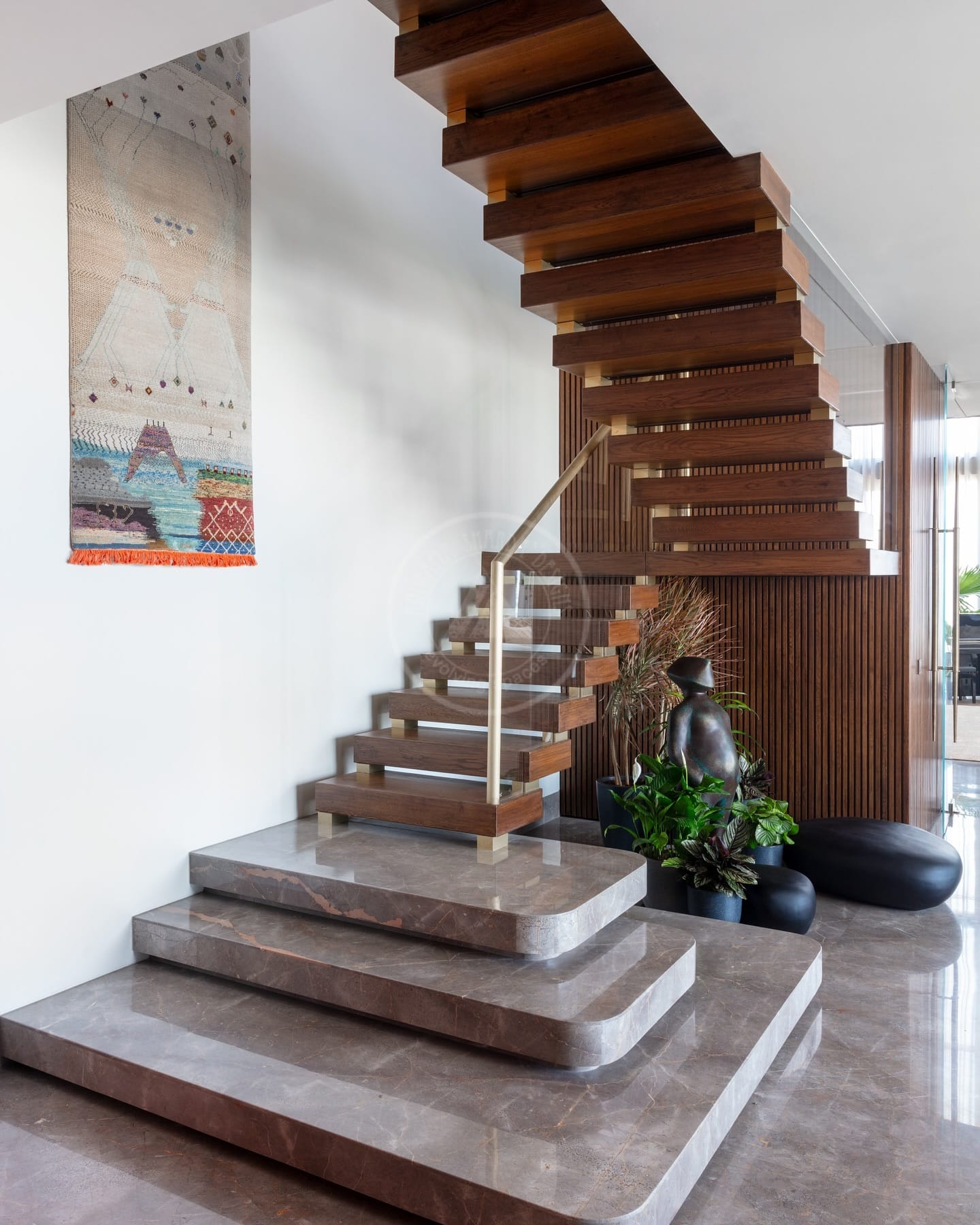 Stylish floating staircase with wooden steps