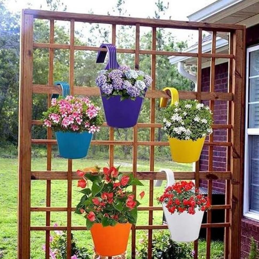 colorful hanging pots with metal hooks