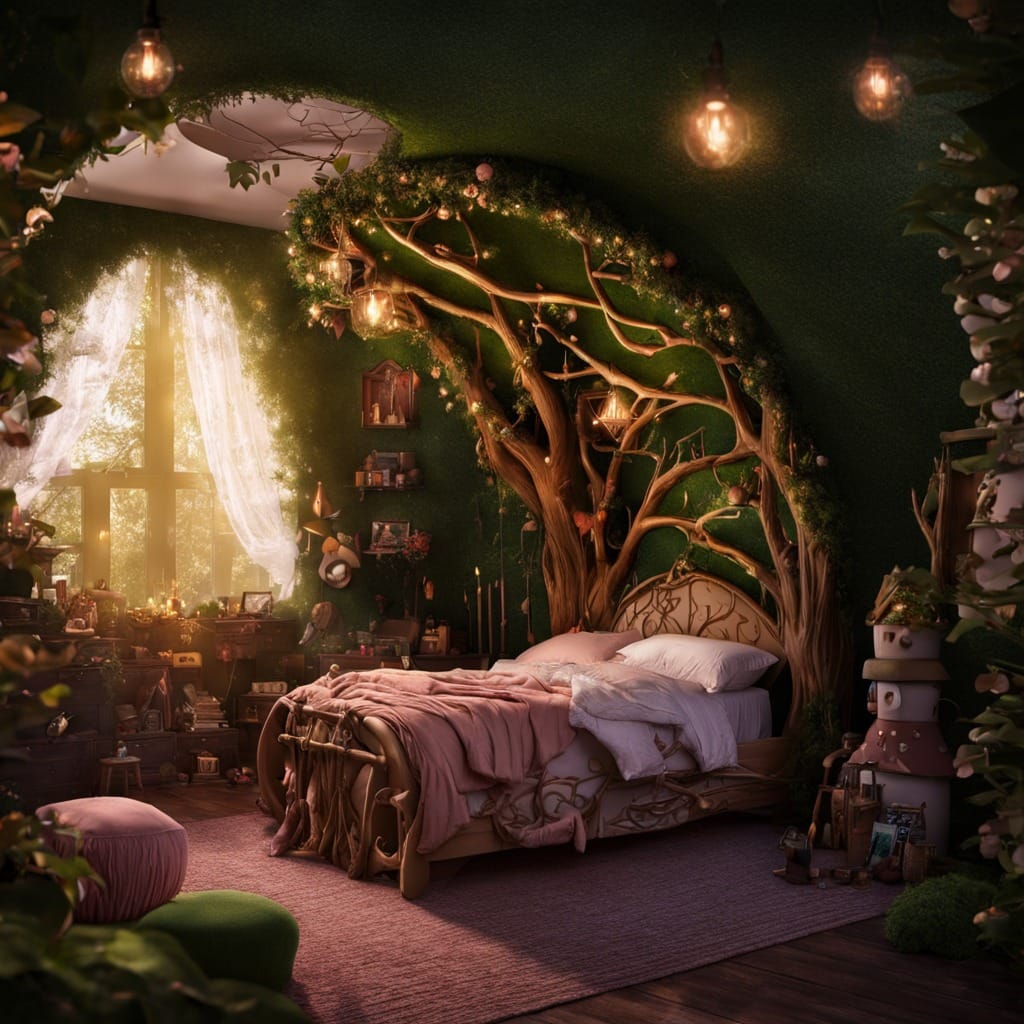 bedroom with palm leaf shadows on ceiling