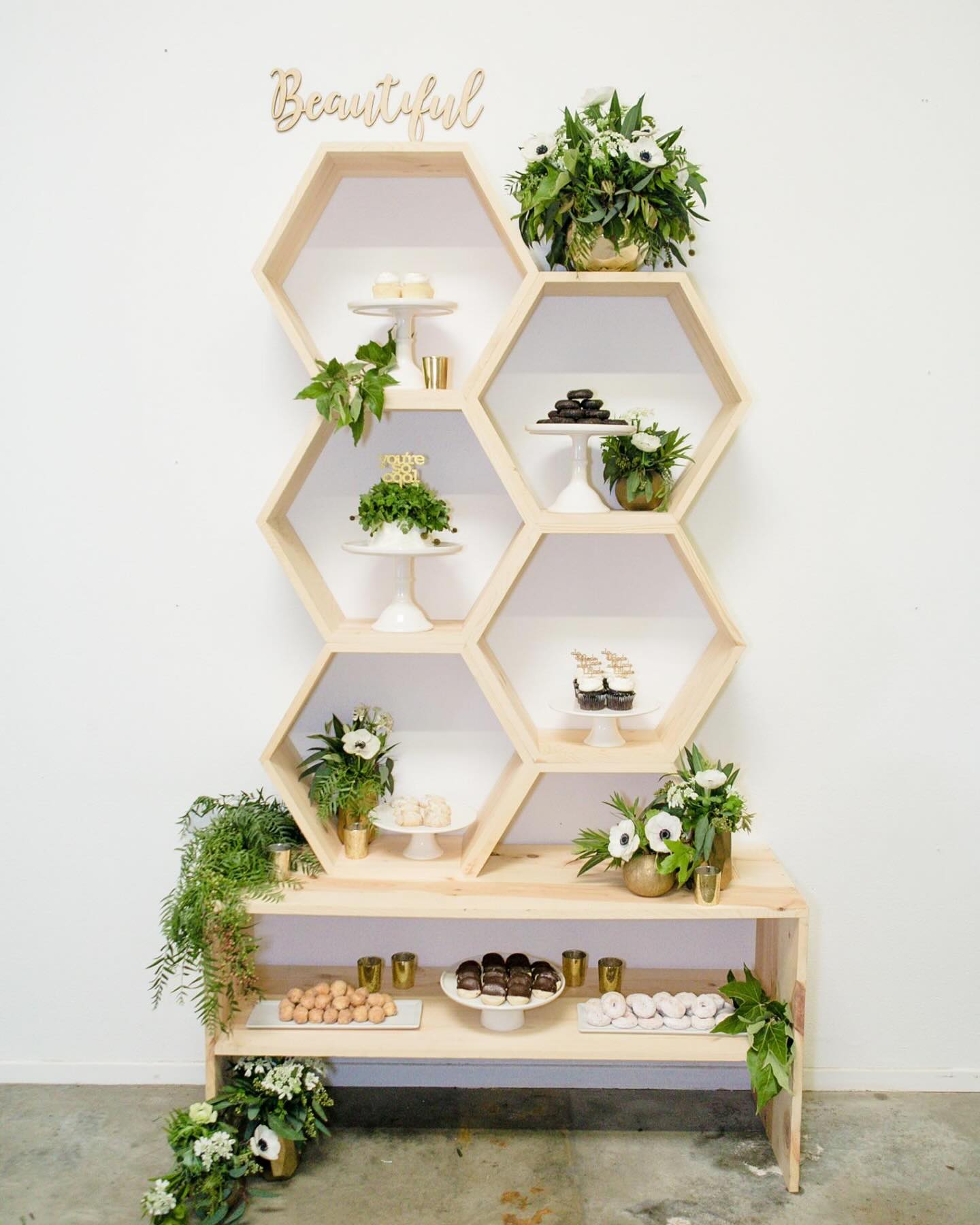 hexagonal wooden shelves