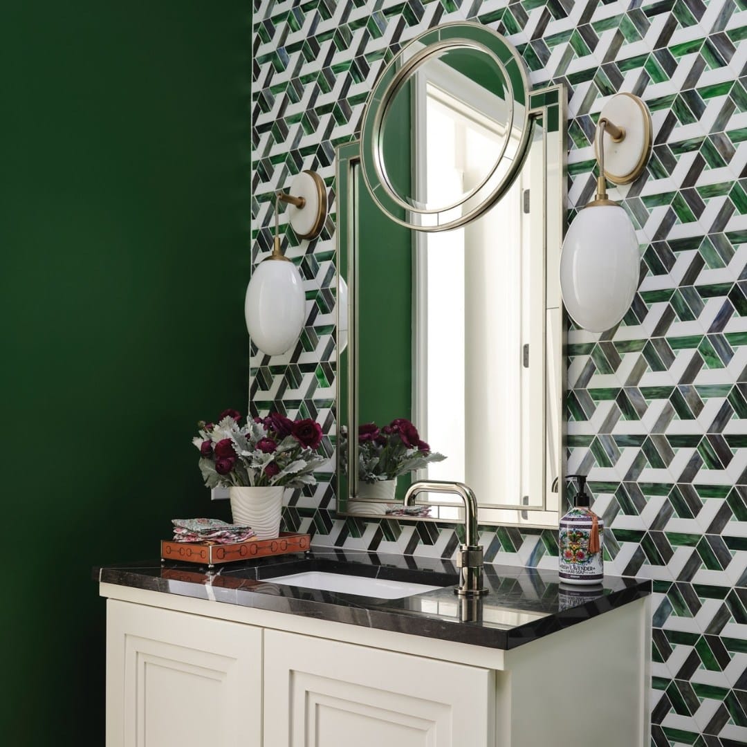 emerald green vanity with brass fixtures