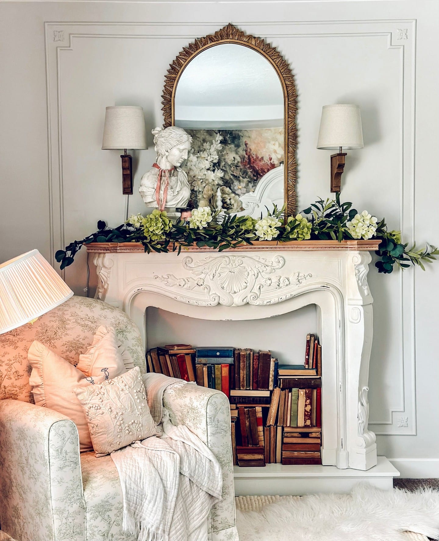 Fireplace mantel with clay pots and seasonal decor