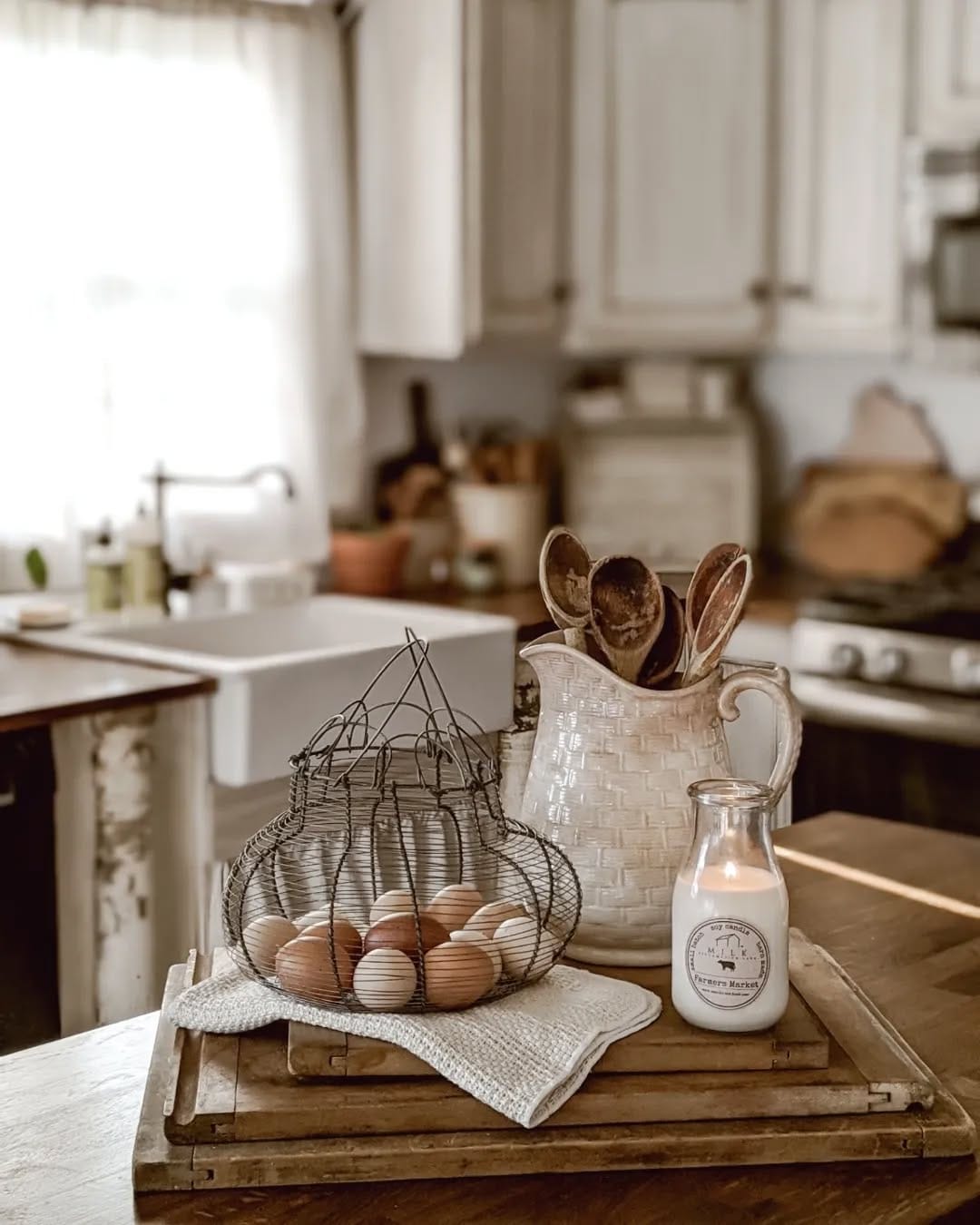 vintage herb crates on island