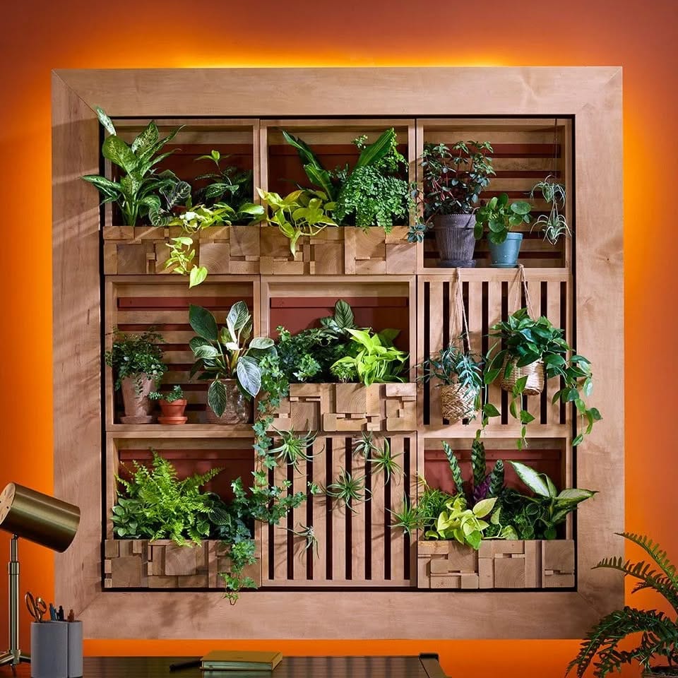 Minimalist floating shelves with potted plants