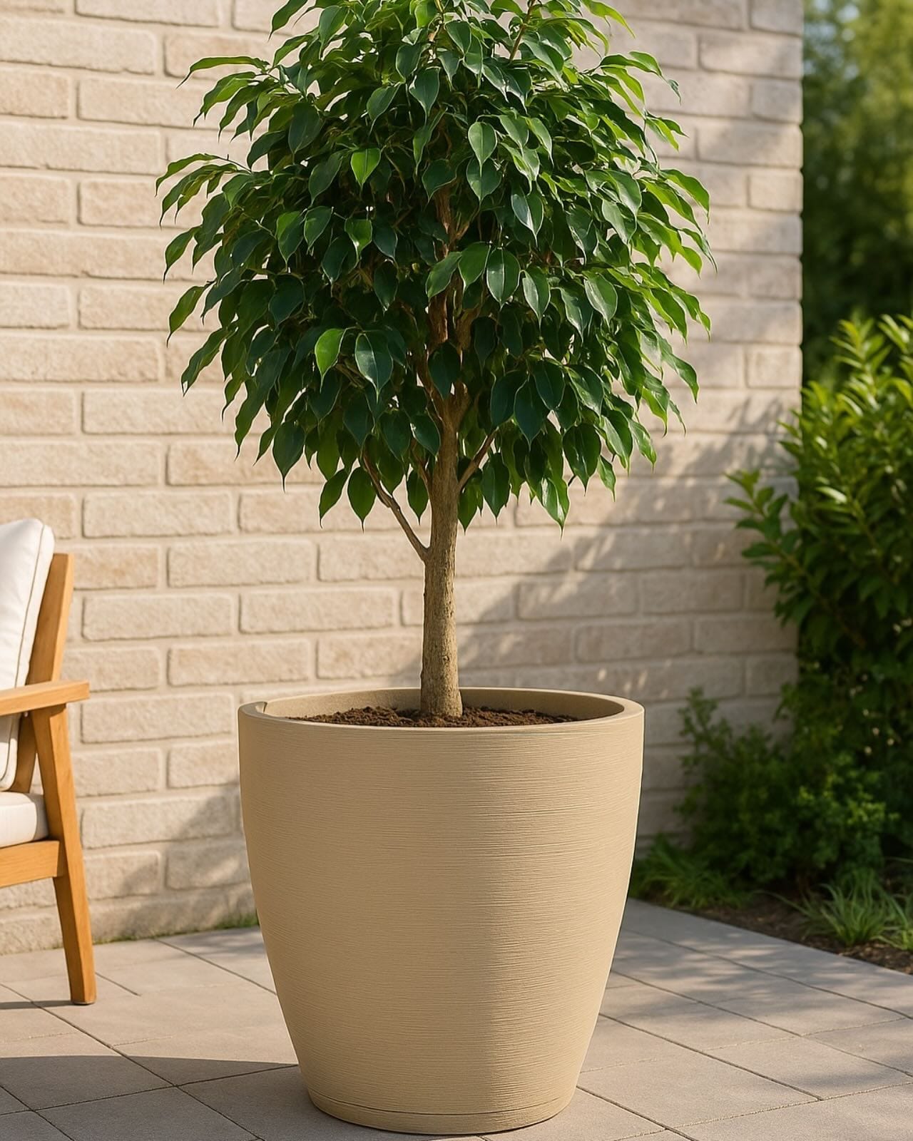 tall marble-look planter with palm