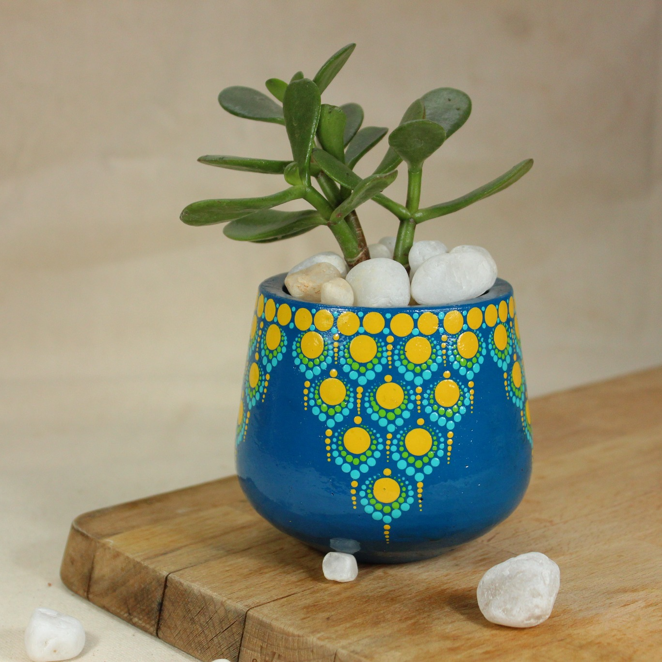 teal plant holders on balcony