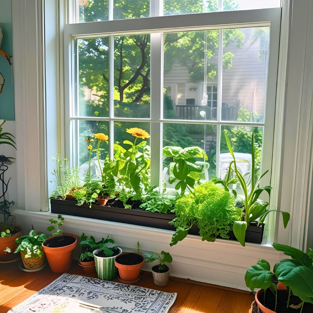 Sunny kitchen windowsill herb garden with small pots